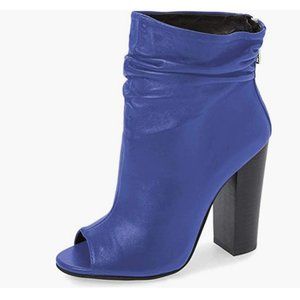 A FSJ Royal Blue Peep Toe Chunky Stacked Heels Slouch Ankle Boot Dress Shoes
